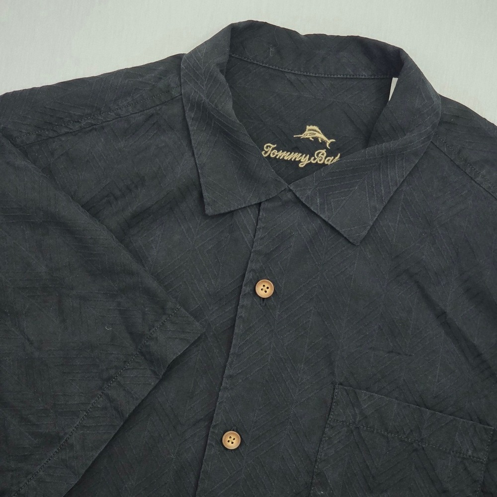 Tommy Bahama Mens Black 100% Silk Grill & Chill Graphic Camp Shirt Medium
